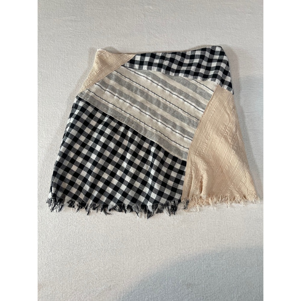 Promesa Womens Gingham Patchwork Mini Skirt Black Beige Boho Frayed Hem S